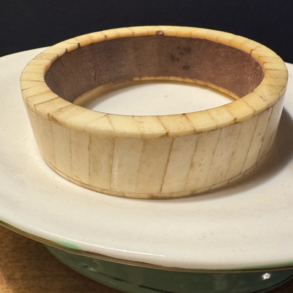 Vintage Bone or Faux Ivory Wide Bangle Bracelet